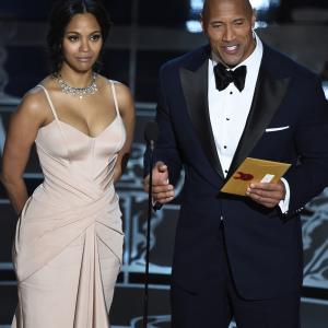 Dwayne Johnson and Zoe Saldana at event of The Oscars 2015