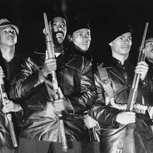 Black Panthers Little Bobby Hutton (Weseley Jonathan), Bobby Seale (Courtney B. Vance), Tyrone (Bokeem Woodbine), Huey Newton (Marcus Chong) and Cy (Tyrin Turner) enforce their constitutional right to bear arms.