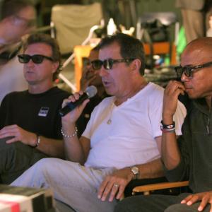Bruce, Kenny, and Travis watching the 3D monitor as Kenny Ortega directs the choreography on 