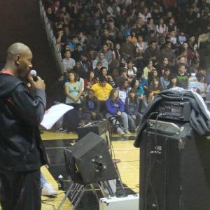 Tank speaking at a high school