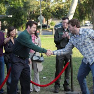 Still of Rob Lowe Rashida Jones Nick Offerman and Chris Pratt in Parks and Recreation 2009