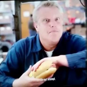 Principal actor  stuntman Mikal Kartvedt snatches back his SUBWAY Hot Pastrami sandwich while driving a forklift during filming of said commercial