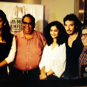Jury picture of 16th Mumbai Film Festival 2014 for Dimensions a competitive short film section in the festival with Actors Huma quereshiJury president Satish KaushikFilm maker Gauri ShindeFilm maker Homi Adajania and well known film critic Rajeev M