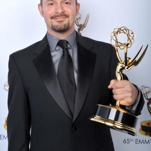 Jamie Kelman with the 2013 Primetime Emmy win in the category Best Prosthetic Makeup for BEHIND THE CANDELABRA. He designed and applied the makeup for Debbie Reynolds, as Frances, Liberace's mother.