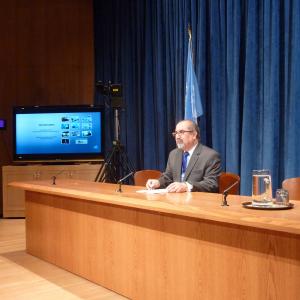 Firdaus Kharas launching the No Excuses domestic violence prevention media at the United Nations