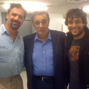 Left to Right Chris Halstead Placido Domingo and myself in IL POSTINOs world premiere at the LA OPERA