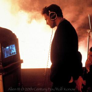 Special Photography Aliens III. 1992. the Director Davis Fincher watching Sigourney Weaver on the monitor
