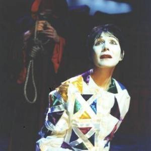 Barbara Keegan on stage as Arlecchino The Trickster in classic commedia dell'arte THE THREE CUCKOLDS