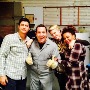 In between takes on the set of Marry Me at Paramount with some of the cast (left to right) Ken Marino,Corey Allen Kotler, Sarah Wright Olsen and Tymberlee Hill.