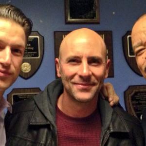 Peter Scanavino, Jordan Lage, & Ice T on set of NBC's LAW & ORDER: SVU (2014).