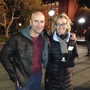 Jordan Lage on location with director Martha Mitchell in Washington Square Park for LAW & ORDER: SVU (2014).