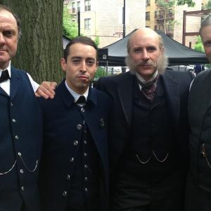 Boris McGiver, Marc Pickering, Jordan Lage, & John Ellison Conlee on set of HBO's BOARDWALK EMPIRE, season 5 (2014).
