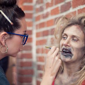 Makeup artist Annie Cardea and Jennifer Landon on the set of Rabid Weight Loss