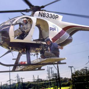 Dan Lantz shoots POV footage for a Modern Marvels episode on Powerline repair helicopters