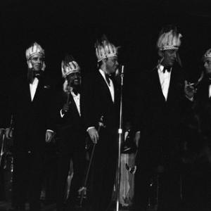 Buddy Lester Peter Lawford Sammy Davis Jr Frank Sinatra Dean Martin and Joey Bishop performing in the Copa Room at the Sands Hotel in Las Vegas