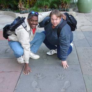 Shane LeMar & Trumpeter Scott Daycock of his band pose with Dean Martin hands and feet on Hollywood Walk of Fame 2007 Grumman Chinese Theater