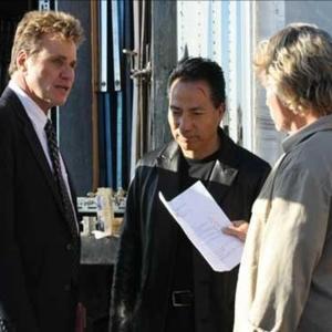 Julian Lee reviewing dialogue with Martin Kove The Karate Kid and John Savage The Deer Hunter on the set of Assassins Code