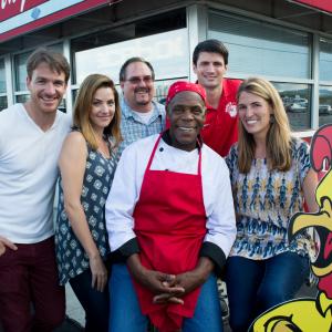 Steven A Lee on the set of Waffle Street with Danny Glover, James Lafferty, Julie Gonzalo, Autumn McAlpin, and Brad Johnson.