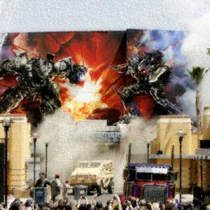The Red Carpet for 'Transformers the Ride 3D' kicked off with a live action show. Dustin James Leighton is the lead voice as Autobot Evac.