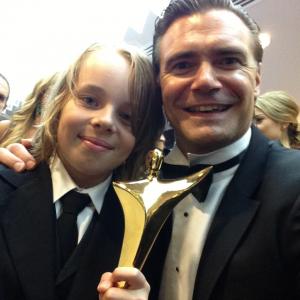 Ed Oxenbould and Jeremy Lindsay Taylor after PUBERTY BLUES won the 2013 AACTA Award for Best Drama