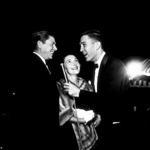 Ronald Reagan and Nancy Reagan being interviewed by Art Linkletter at the Sayonara premiere 1957