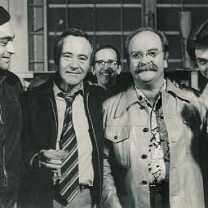 From left to right: Nick Pellegrino; Jack Lemmon; Martin Fiscoe; Wilford Brimley; Ron Lombard celebrating Jack Lemmon's birthday on THE CHINA SYDROME set.