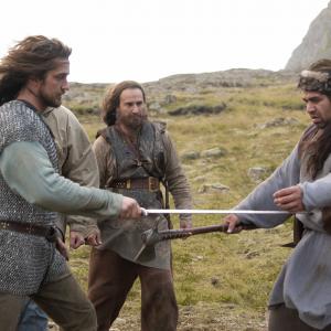 Roberto Lopez rehearses with Gerard Butler on the set of Beowulf  Grendel 2005 on location in Iceland