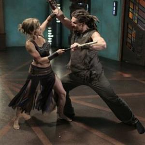 Rachel Luttrell and Jason Momoa on the set of Stargate Atlantis