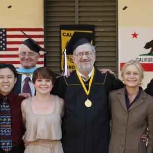 Cast and crew of The Steven Spielberg Project; Willow Hale as Steven's Mom, Leah standing next to Bob Baur as Steven Spielberg