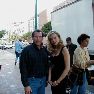 Mark Maine  Kimberley Davies on the set of The Month of August in front of Candelas restaurant down town San Diego
