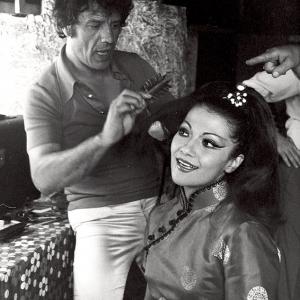 Irina with costar Franco Franchi in her dressing room during filming of KuFu? Dalla Sicilia Con Furore in Italy