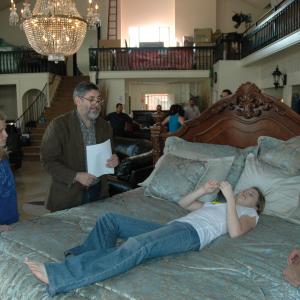 John Landis portraying a Dept. Store Manager rehearses his scene with director Malone and Cherilyn Wilson for PARASOMNIA.