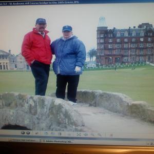 Sharon and John at St. Andrews Swilcan Bridge after a day of golf on the old course and just finishing at the 18th. Sharon got a birdie at the 11 hole.
