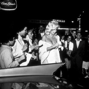 Jayne Mansfield in front of Dinos Restaurant on Sunset Blvd in Los Angeles CA 1961