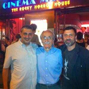 Davide Manuli in Milan in front of the historical movie theatre CINEMA MEXICO with its owner Antonio Sancassani and writer Giuseppe Genna for the presentation of LA LEGGENDA DI KASPAR HAUSER