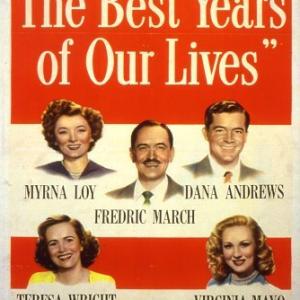 Still of Dana Andrews Myrna Loy Fredric March Virginia Mayo and Teresa Wright in The Best Years of Our Lives 1946