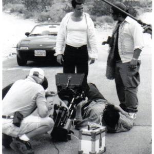 DP Barry M Wilson shoots a scene in Pearblossom Hwy with Jay Galle Patrick Gallo and PJ Marino on location in Kern County 2003