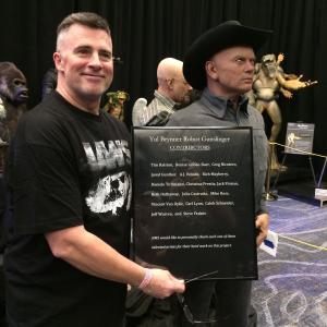 Nick Marra with his Yul Brynner Robot Gunslinger animatronic figure at MonsterPalooza 2015