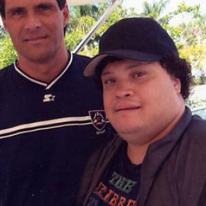 Jose Canseco and Adrian Martinez on the set of MAIL ORDER WIFE produced by Doug Liman