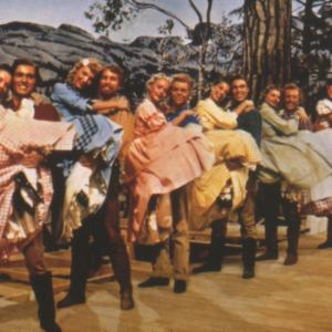 Still of Jane Powell Betty Carr Jacques dAmboise Norma Doggett Virginia Gibson Howard Keel Nancy Kilgas Ruta Lee Matt Mattox Julie Newmar Marc Platt Tommy Rall Jeff Richards and Russ Tamblyn in Seven Brides for Seven Brothers 1954