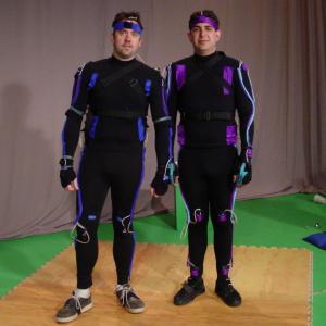 Brian McCulley and John Crockett in motion capture suits for V-Funny.