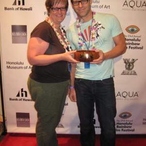 Anthony Meindl with producer BD Gunnell at the 2012 Honolulu Rainbow Film Festival Birds of a Feather  winner Spirit of the Festival award