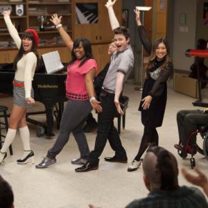 Still of Lea Michele, Chris Colfer, Jenna Ushkowitz and Amber Riley in Glee (2009)