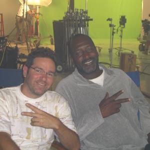Director Dave Meyers cools out with Basketball techadvisor Nigel Miguel on the set of their latest commercial