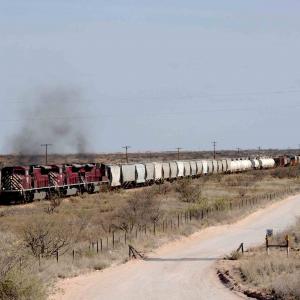Texas-New Mexico Railroad. A trio of SD9043s move 65 cars northbound towards Jal, NM. Traffic on TNMR, which serves the booming Permian Basin oilfields, grew 450% between 2009 and 2012.