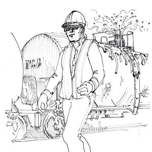 Artwork depicting unsafe situations, and events to avoid, frequently is used in IPH and production safety training. In this hazmat training illustration, an unobservant trainman ignores a hissing leaking tank car.