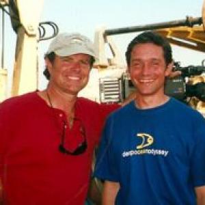 Mills and Fabian Cousteau during production in the Med