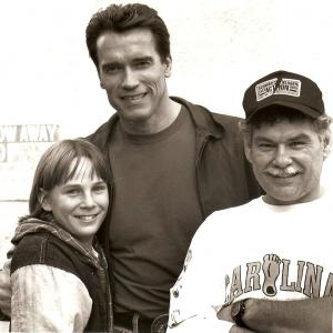 Mike Muscat with Arnold Schwarzenegger and Austin O'Brien on the set of Last Action Hero.