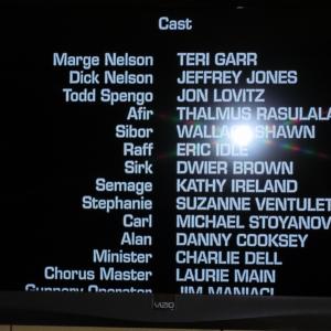Photo of cast end credit form the movie Mom  Dad Save the World taken from my copy of the DVD