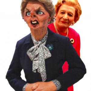 Steve Nallon in character as Margaret Thathcer with SPITTING IMAGE puppet